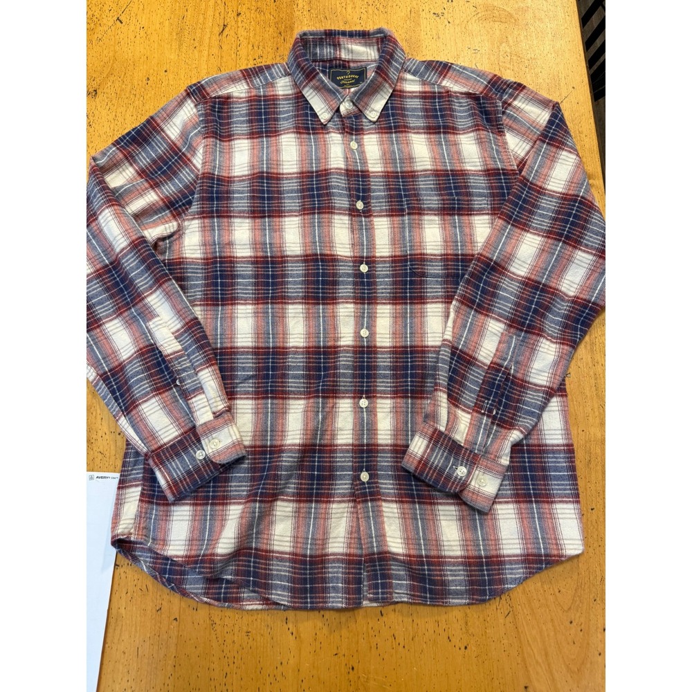 Portuguese Flannel Shirt XL Red White Blue Plaid Cotton Button Down Long Sleeve